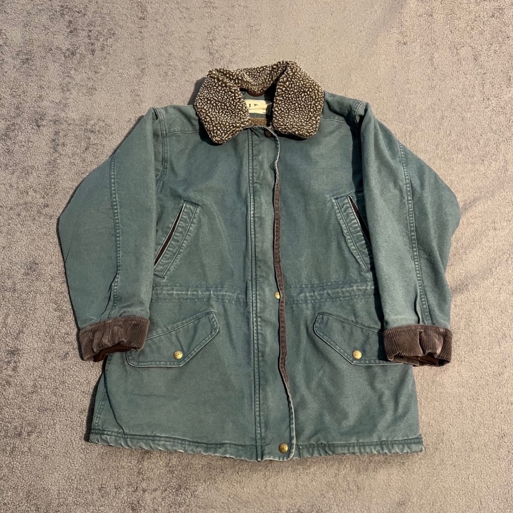 Vintage 90s LL Bean Canvas Field Jacket Sherpa Lined Teal Corduroy Mens Small